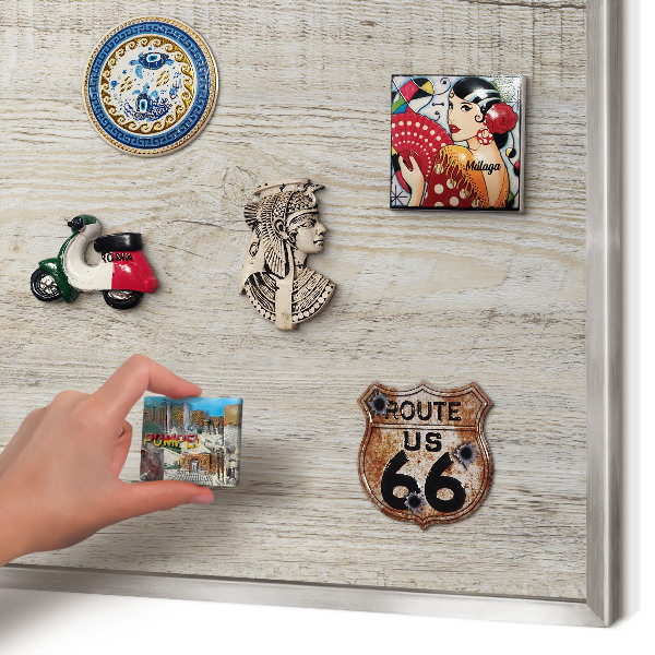 Printed magnet board in a silver frame Wooden texture