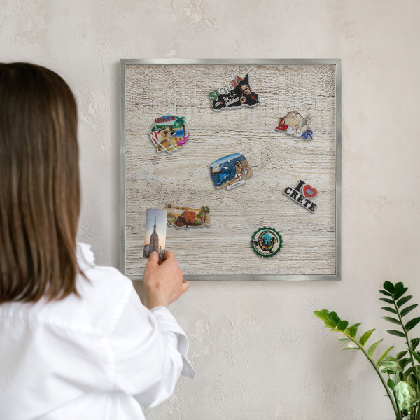 Printed magnet board in a silver frame Wooden texture