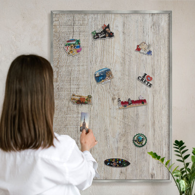 Printed magnet board in a silver frame Wooden texture