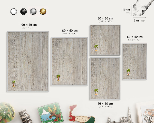 Printed magnet board in a silver frame Wooden texture