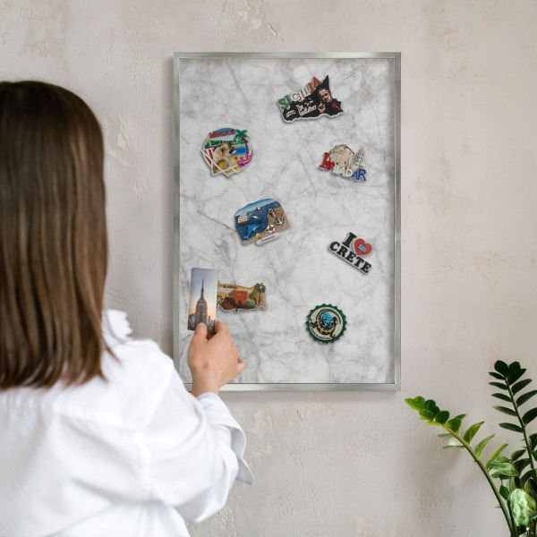 Printed magnet board in a silver frame Gray marble