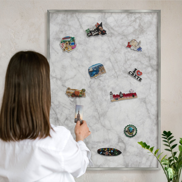 Printed magnet board in a silver frame Gray marble