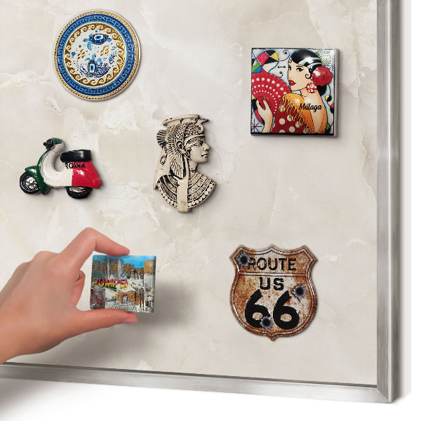 Souvenir magnet display board with a silver frame Beige marble
