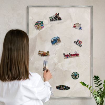 Souvenir magnet display board with a silver frame Beige marble
