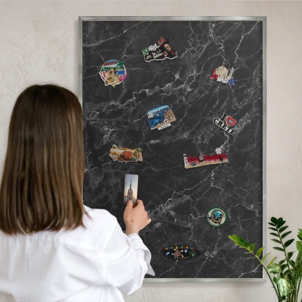 Printed magnet board in a silver frame Black marble