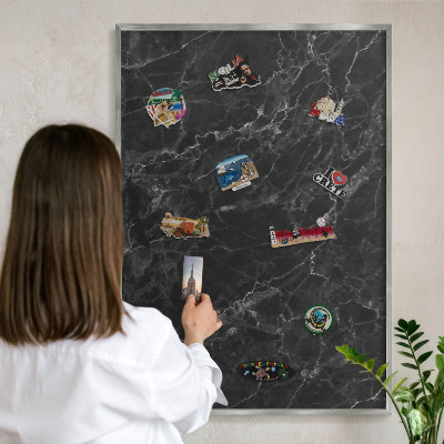 Printed magnet board in a silver frame Black marble