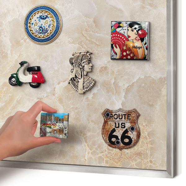 Souvenir magnet display board with a silver frame Cream marble