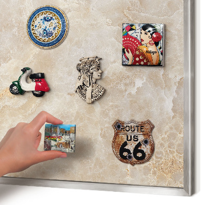 Souvenir magnet display board with a silver frame Cream marble