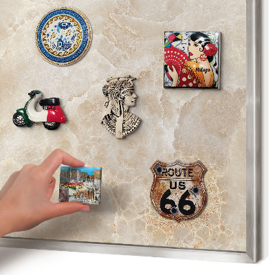 Souvenir magnet display board with a silver frame Cream marble