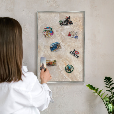 Souvenir magnet display board with a silver frame Cream marble