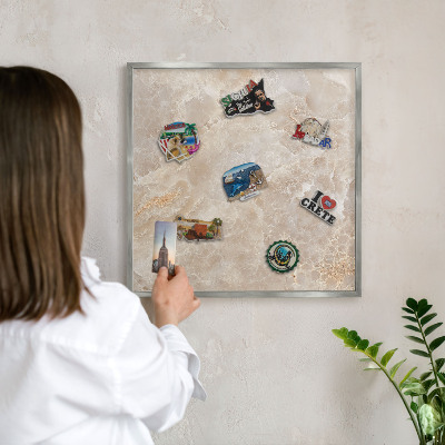 Souvenir magnet display board with a silver frame Cream marble