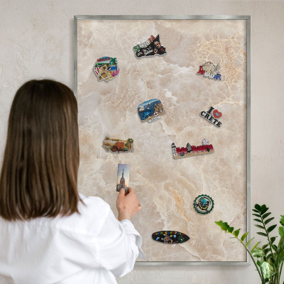 Souvenir magnet display board with a silver frame Cream marble