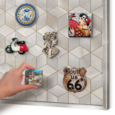 Souvenir magnet display board with a silver frame Cubic background
