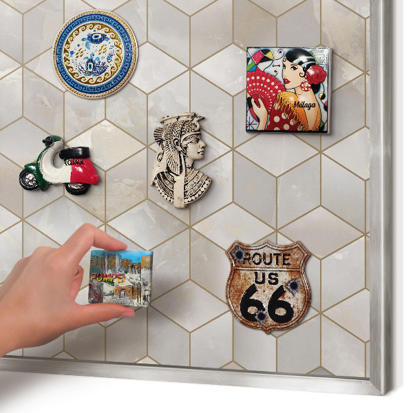 Souvenir magnet display board with a silver frame Cubic background