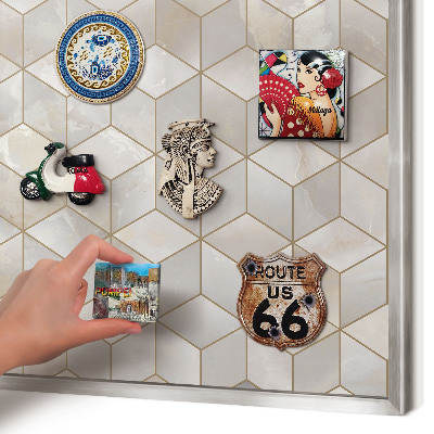 Souvenir magnet display board with a silver frame Cubic background