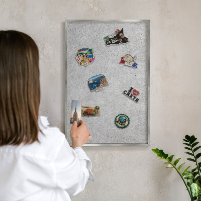 Printed magnet board in a silver frame Gray texture