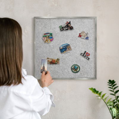 Printed magnet board in a silver frame Gray texture