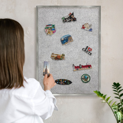 Printed magnet board in a silver frame Gray texture
