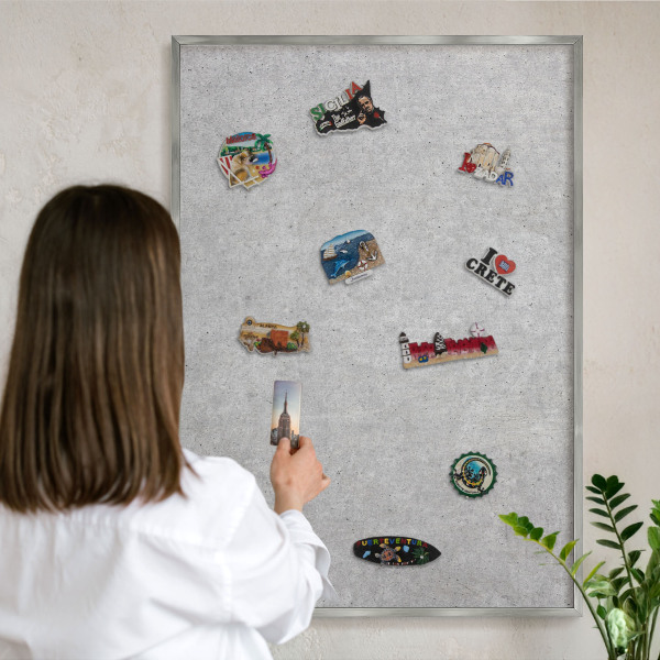 Printed magnet board in a silver frame Gray texture