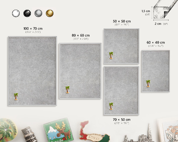 Printed magnet board in a silver frame Gray texture