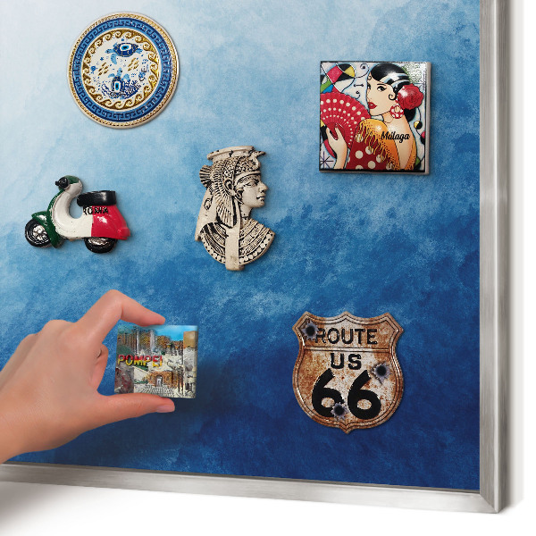 Souvenir magnet display board with a silver frame Blue abstractions