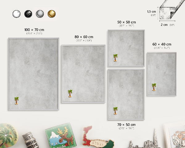 Souvenir magnet display board with a silver frame Gray elegance