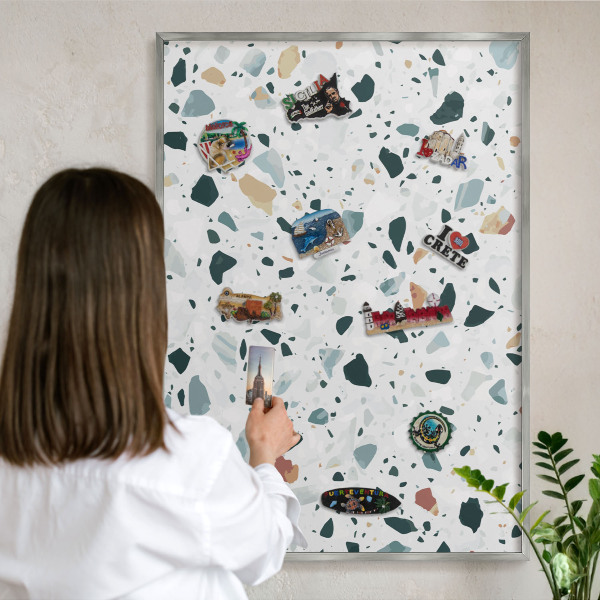 Souvenir magnet display board with a silver frame Dynamic patterns