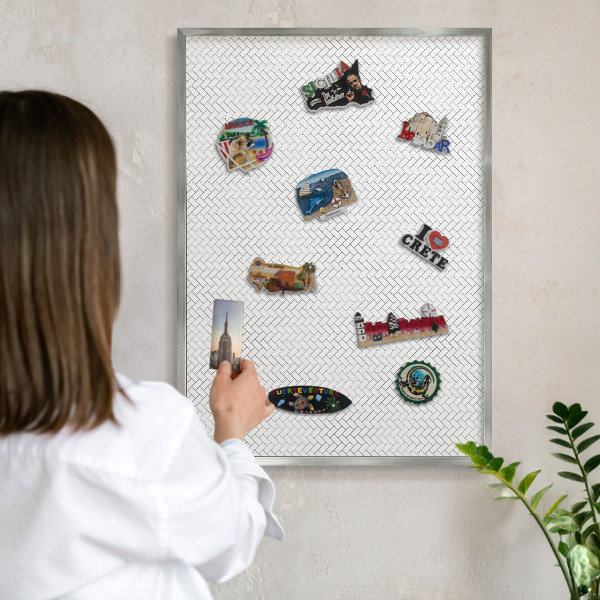 Printed magnet board in a silver frame White herringbone