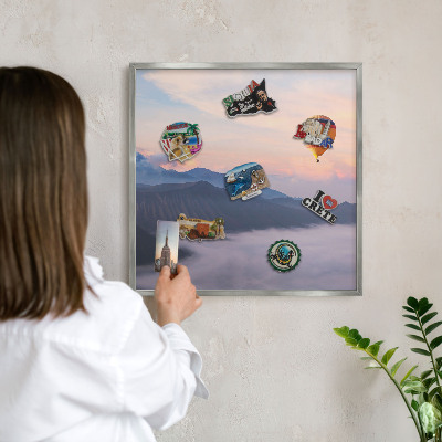 Souvenir magnet display board with a silver frame Sky Journey