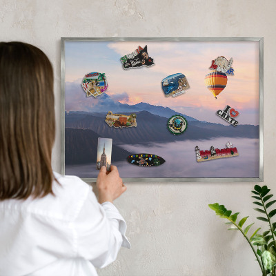 Souvenir magnet display board with a silver frame Sky Journey