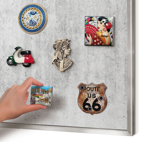 Souvenir magnet display board with a silver frame Gray texture