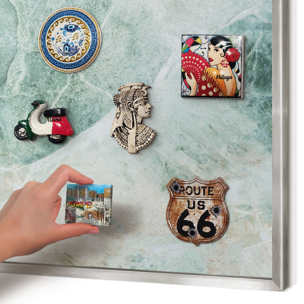 Souvenir magnet display board with a silver frame Green textures