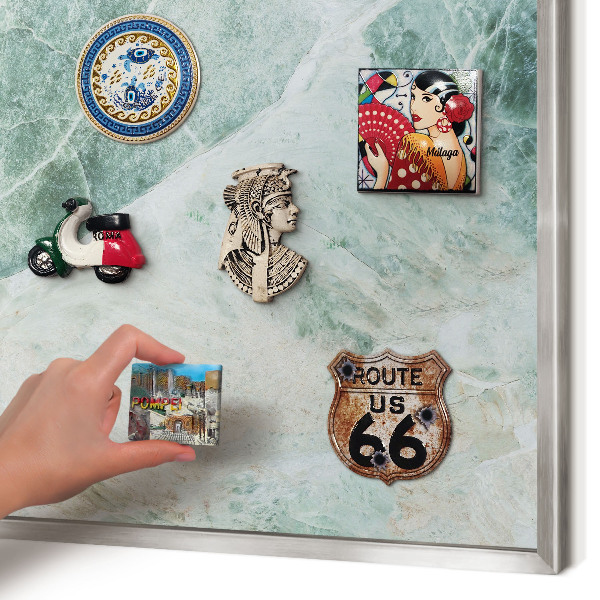 Souvenir magnet display board with a silver frame Green textures