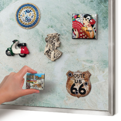 Souvenir magnet display board with a silver frame Green textures