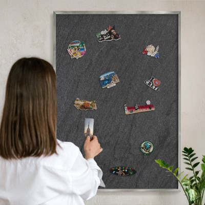 Printed magnet board in a silver frame Black texture