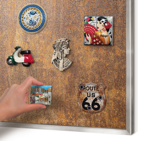 Souvenir magnet display board with a silver frame Rusty elegance
