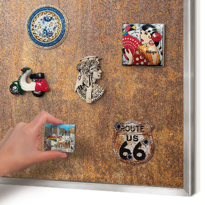 Souvenir magnet display board with a silver frame Rusty elegance