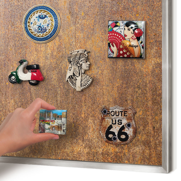 Souvenir magnet display board with a silver frame Rusty elegance