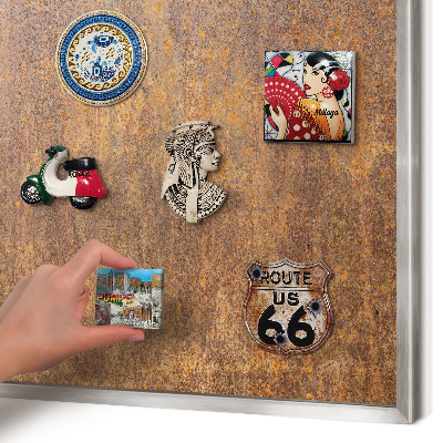Souvenir magnet display board with a silver frame Rusty elegance
