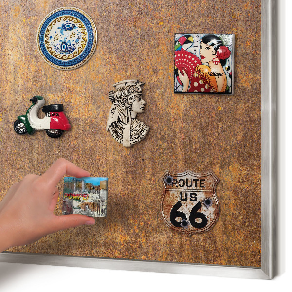 Souvenir magnet display board with a silver frame Rusty elegance