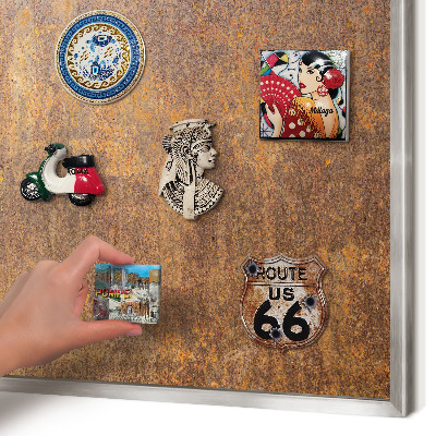 Souvenir magnet display board with a silver frame Rusty elegance