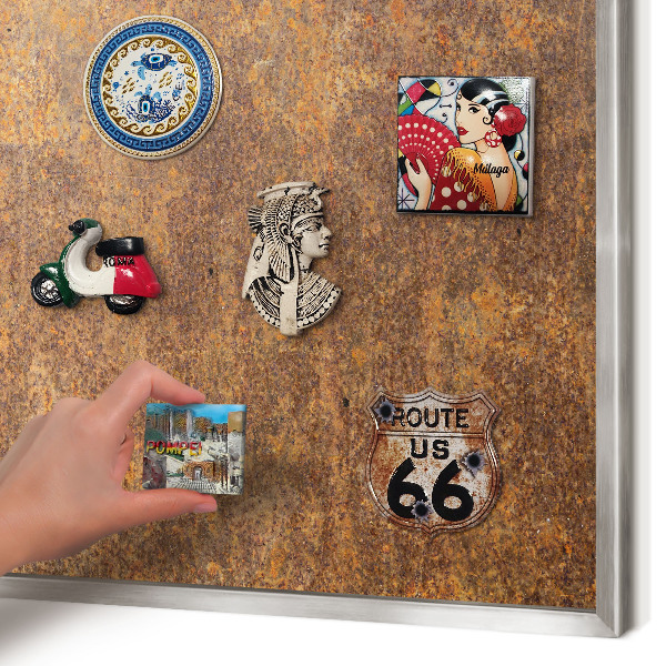Souvenir magnet display board with a silver frame Rusty elegance