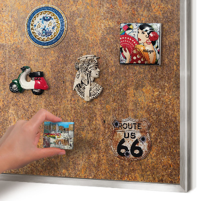 Souvenir magnet display board with a silver frame Rusty elegance