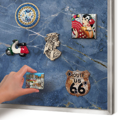 Souvenir magnet display board with a silver frame Marble elegance