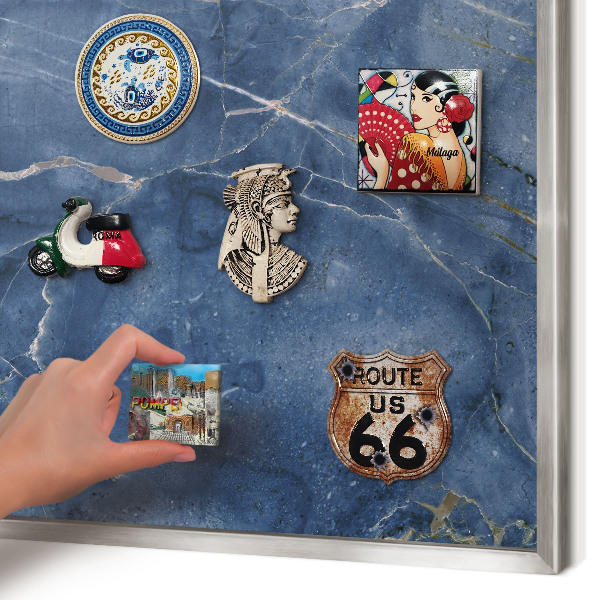 Souvenir magnet display board with a silver frame Marble elegance