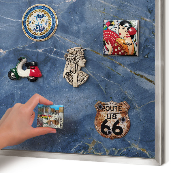 Souvenir magnet display board with a silver frame Marble elegance