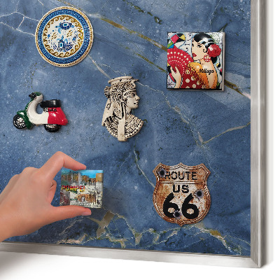 Souvenir magnet display board with a silver frame Marble elegance