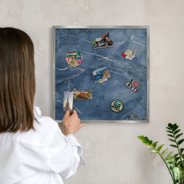 Souvenir magnet display board with a silver frame Marble elegance
