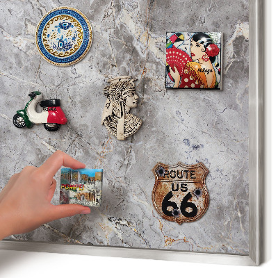 Souvenir magnet display board with a silver frame Patterned marble