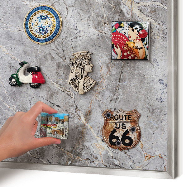Souvenir magnet display board with a silver frame Patterned marble